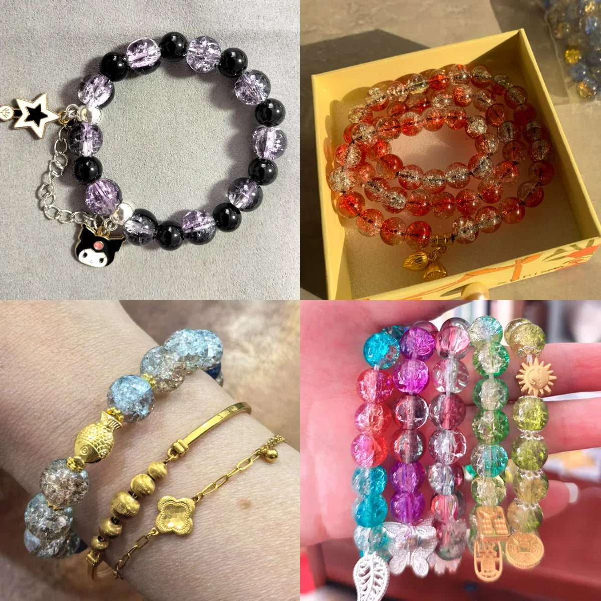 A collection of gradient crystal glass beads with a golden crackle finish in various colors and styles.