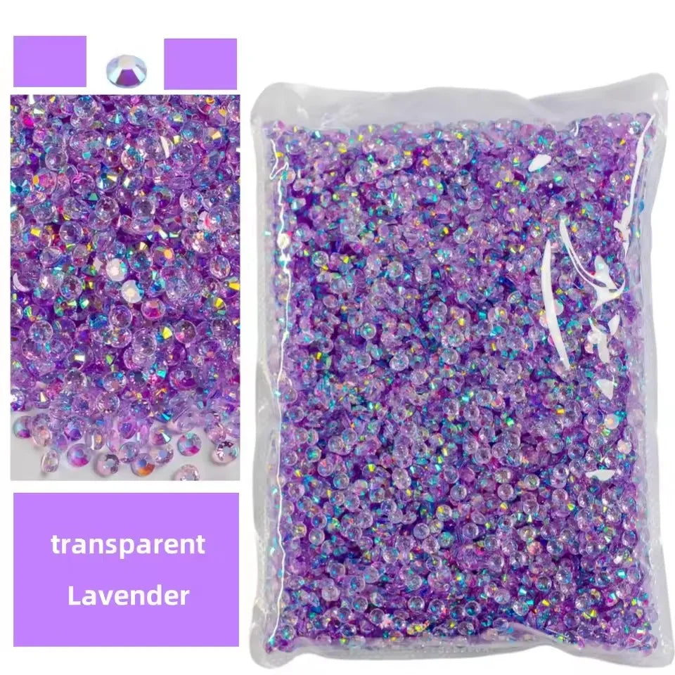 Bag of transparent lavender resin rhinestones for crafts and DIY projects