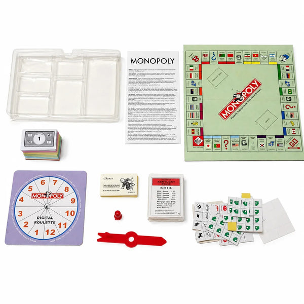 A collection of Monopoly board games including a classic board, game cards, and tokens.
