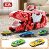A red dinosaur transport truck toy set featuring transforming die-cast cars in various colors.