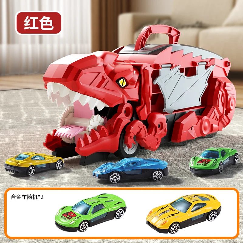 A red dinosaur transport truck toy set featuring transforming die-cast cars in various colors.