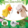 A set of soft plush animal hand puppets, including a yellow bird and a white rabbit, demonstrating facial expressions.
