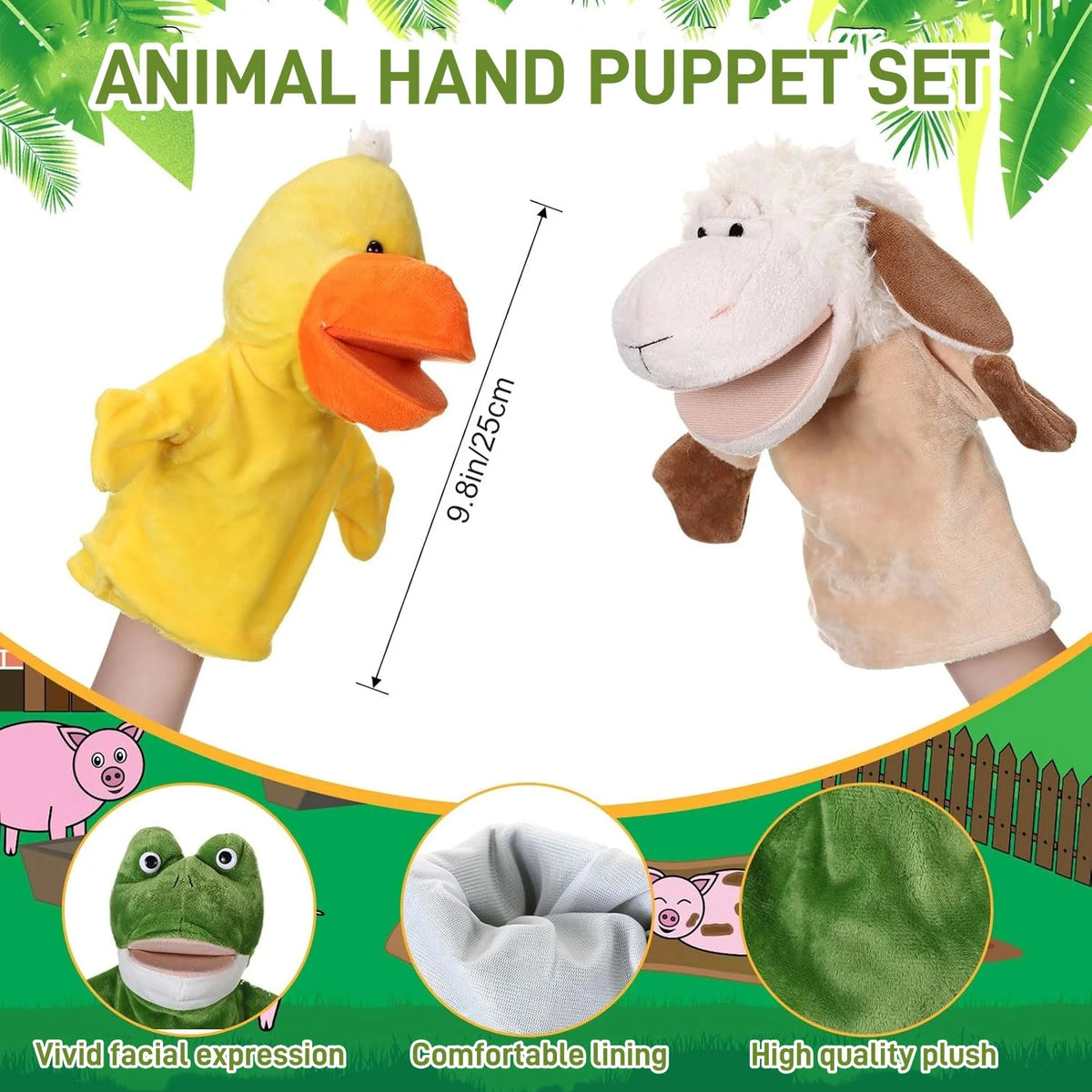 A set of soft plush animal hand puppets, including a yellow bird and a white rabbit, demonstrating facial expressions.