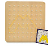 A wooden peg board with a yellow geometric shape pattern drawn in white dots and a matching card.