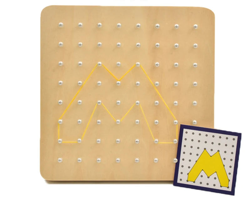 A wooden peg board with a yellow geometric shape pattern drawn in white dots and a matching card.