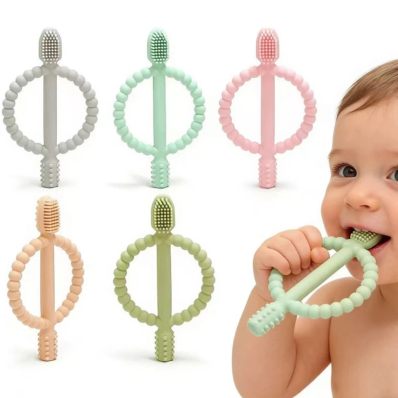 Various colors of soft silicone baby teethers with easy-grip handles shown on a baby's hand