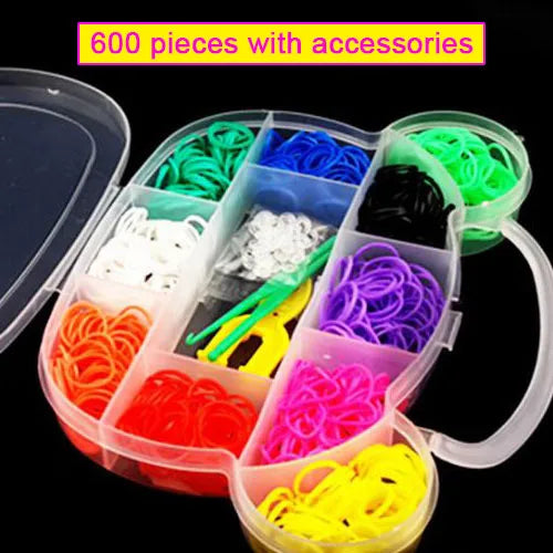A collection of 600 pieces of colorful plastic loom bands and accessories for DIY bracelet making.