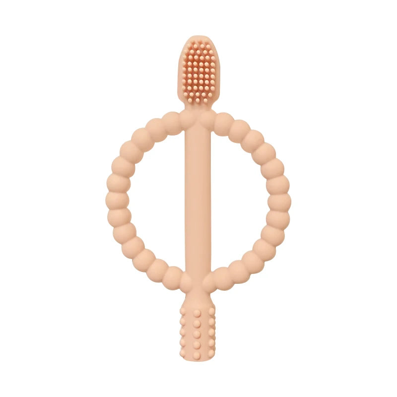 A soft silicone baby teether with easy-grip handles, light peach color.