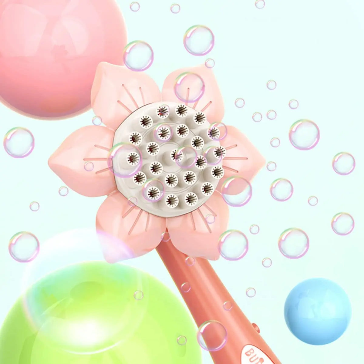 A pink sunflower-shaped bubble blower toy with a large head and pink petals surrounded by floating bubbles.