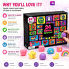 A black box containing 24 squishy surprises, including various themed items like food, animals, and hearts, displayed next to