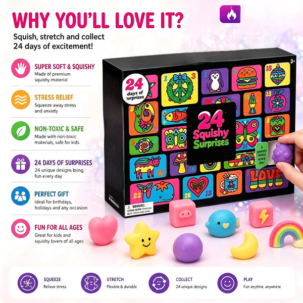 A black box containing 24 squishy surprises, including various themed items like food, animals, and hearts, displayed next to