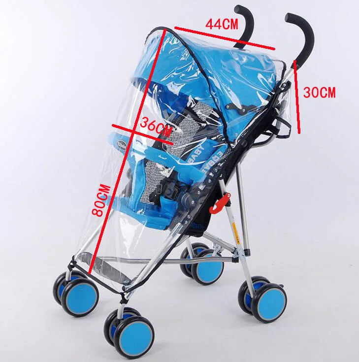 A blue universal stroller rain cover with transparent panels and black frame, shown in a side view.