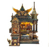 A detailed wooden miniature kit of an illuminated owl post office with furniture and puzzle elements.