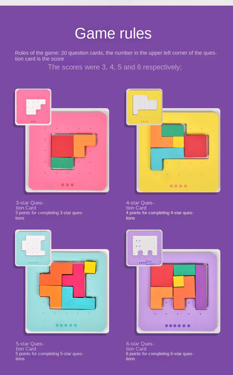 Game rules showing various colored puzzle cards and their corresponding scores for a wooden tangram battle puzzle game