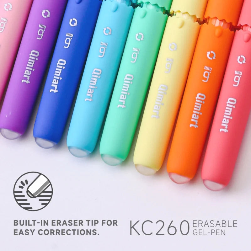 A row of colorful erasable gel pens with an eggshell design, showing various shades of purple, blue, green, and orange.
