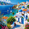 A vibrant painting of a coastal village with blue sea, white buildings, and colorful flowers.