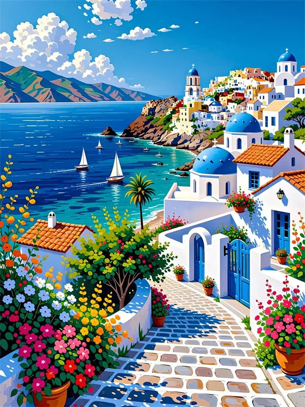 A vibrant painting of a coastal village with blue sea, white buildings, and colorful flowers.