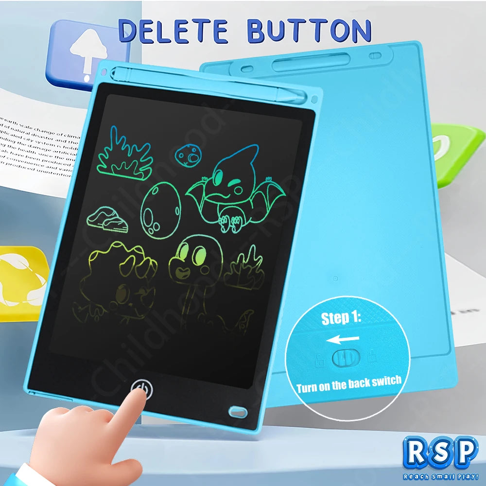A hand presses the delete button on a blue LCD writing tablet for kids, showing various drawings on the screen.