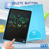 A hand presses the delete button on a blue LCD writing tablet for kids, showing various drawings on the screen.