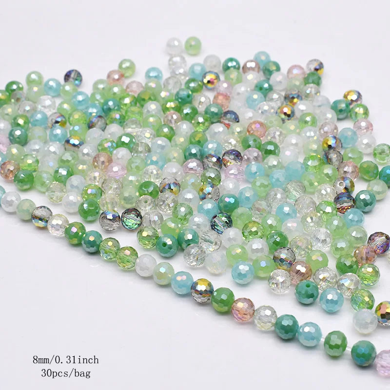 Faceted Round Crystal Glass Beads - 8mm Mixed Colors, 30-Pack