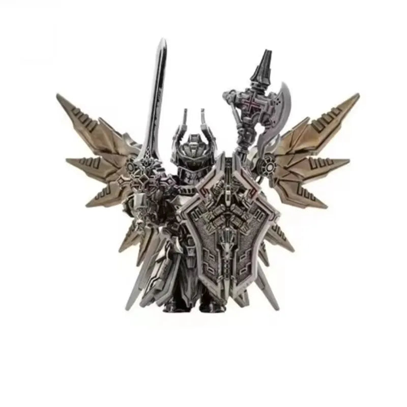 A detailed metal figurine of an Adjudicator with wings and a sword.