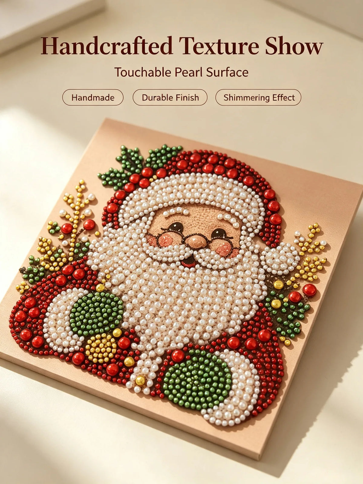 Handcrafted texture show of a Christmas Santa face painted with pearl beads on a wooden frame.