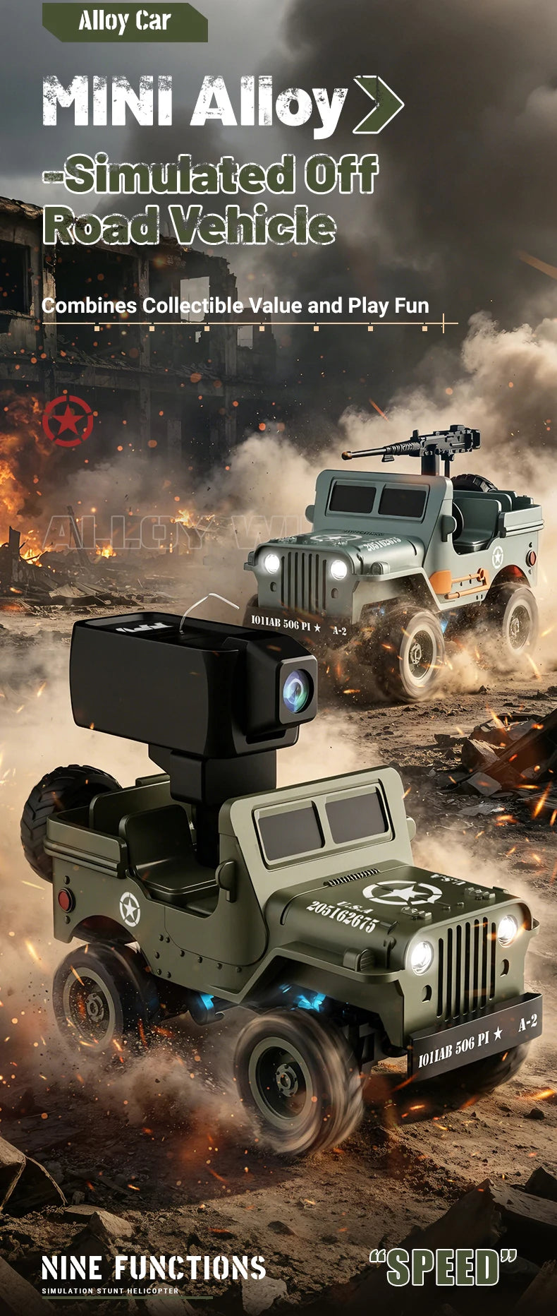 A model off-road vehicle, the Mini Alloy Simulated Off Road Vehicle, is shown driving through dusty terrain.