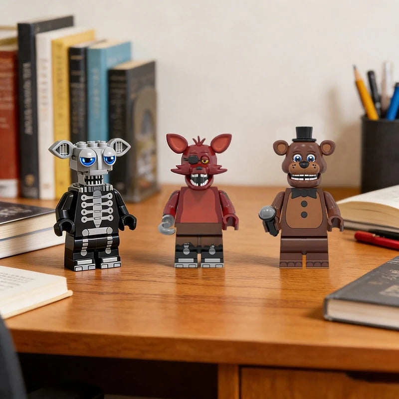 A set of mini building block figures of Freddy, Bonnie, and other characters from Five Nights at Freddy's