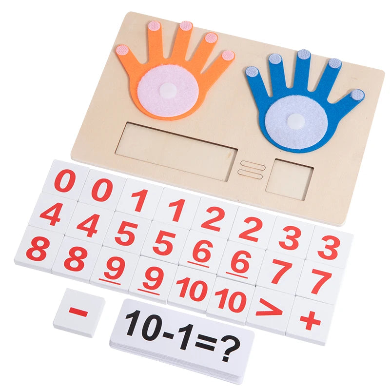 A wooden finger counting set with a hand sorter and number cards for toddlers.