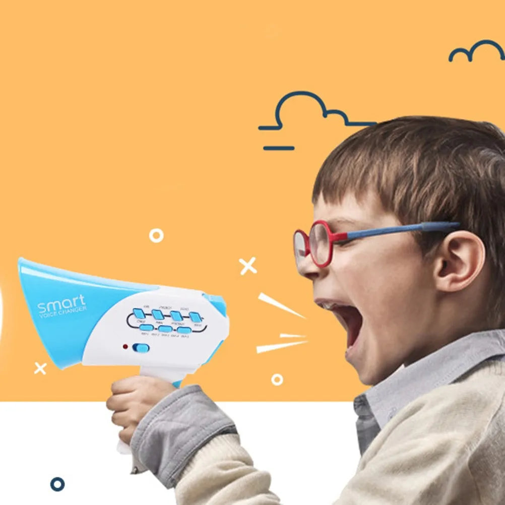 A boy is using a blue smart voice changer megaphone to make a loud sound.