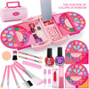 A pink and purple kids makeup kit with various cosmetic tools and colorful makeup products for pretend play.
