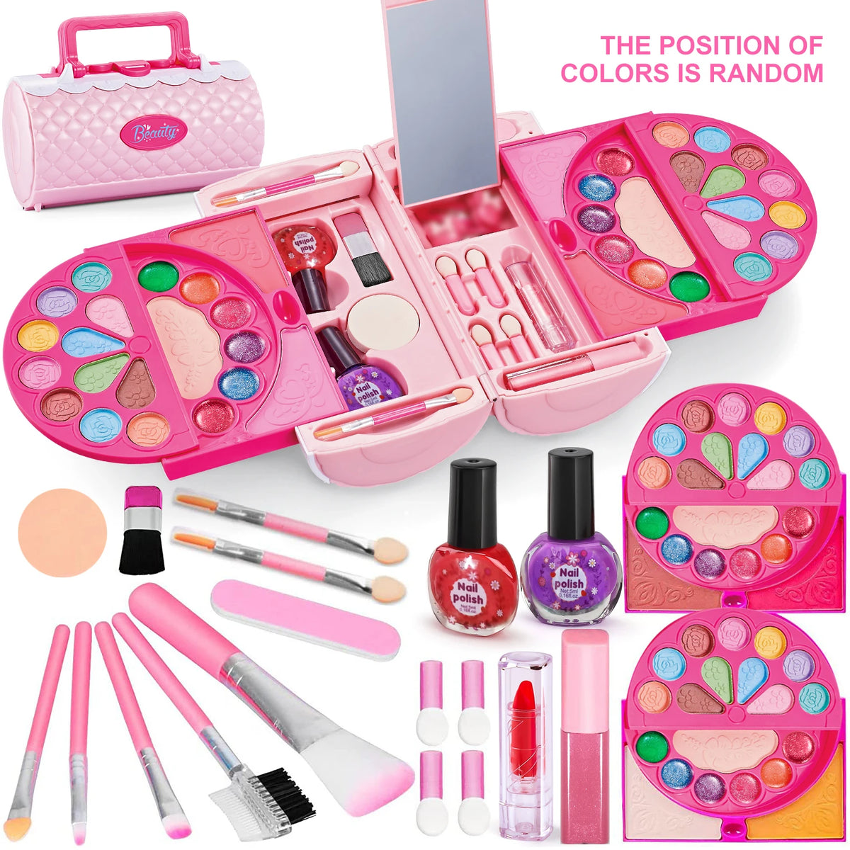 A pink and purple kids makeup kit with various cosmetic tools and colorful makeup products for pretend play.