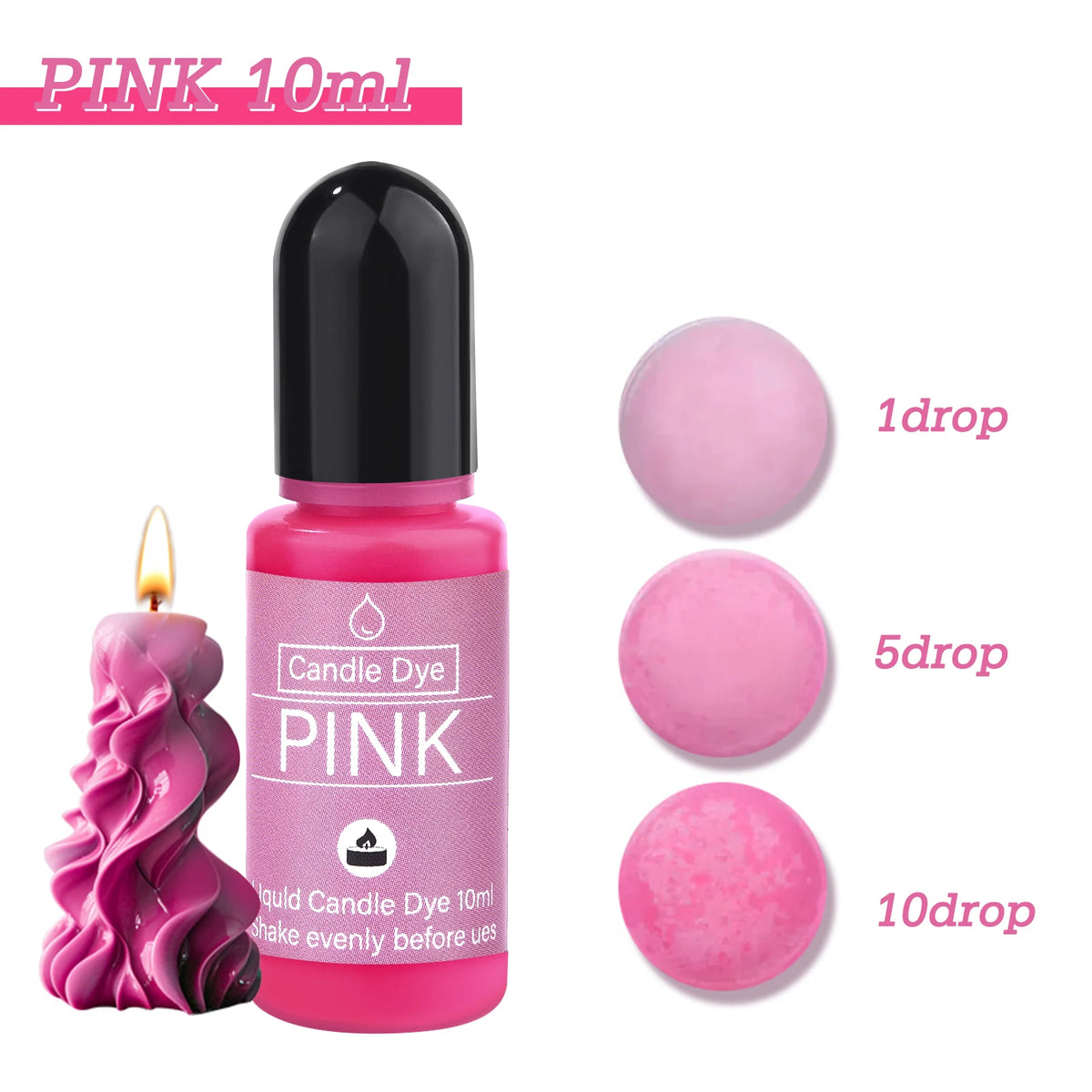 Pink 10ml candle dye bottle with dropper and individual drops for coloring candles