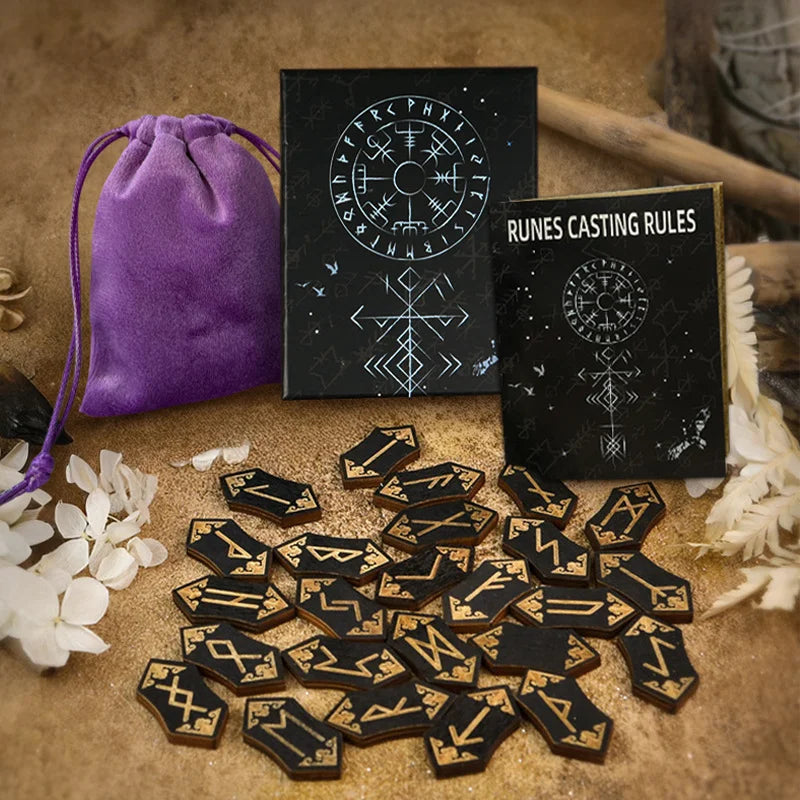 Wooden Rune Stone Set with Guide Book and Velvet Bag