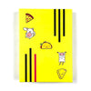 A yellow card game box featuring black stripes and colorful illustrations of food and animals.