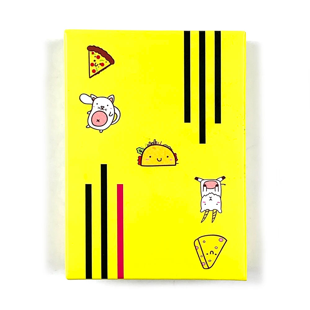 A yellow card game box featuring black stripes and colorful illustrations of food and animals.