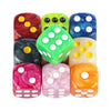A set of ten marble effect acrylic D6 dice in various colors including red, green, blue, and pink.