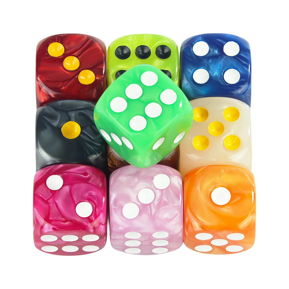 A set of ten marble effect acrylic D6 dice in various colors including red, green, blue, and pink.