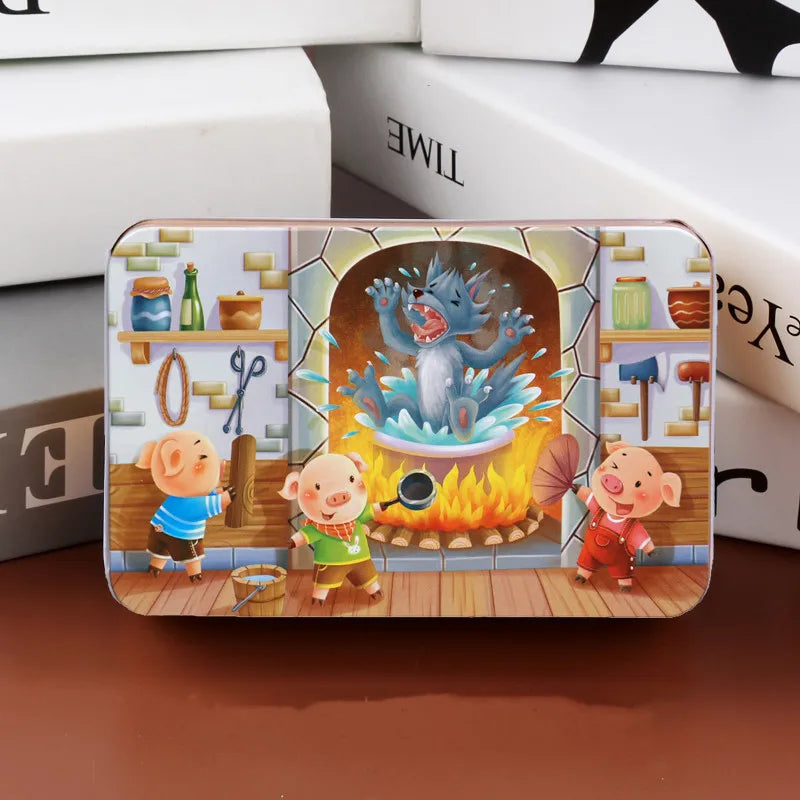 A jigsaw puzzle featuring three cartoon animals and a large blue bear in an arched scene.