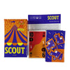 A box of the Scout card game featuring colorful cards and a title labeled SCOUT Spiel Anleitung