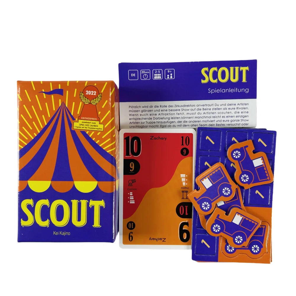 A box of the Scout card game featuring colorful cards and a title labeled SCOUT Spiel Anleitung