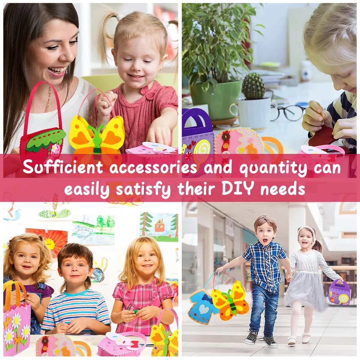 A collection of colorful woodland animals felt sewing kits and accessories for children's DIY projects.