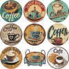 A set of eight diamond art coasters featuring various coffee and cafe designs on a textured background.