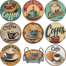 A set of eight diamond art coasters featuring various coffee and cafe designs on a textured background.