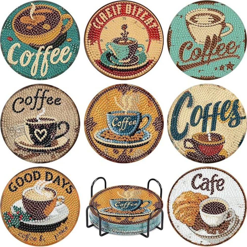 A set of eight diamond art coasters featuring various coffee and cafe designs on a textured background.