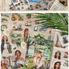 A collection of vintage lifestyle stickers featuring retro scenes and elegant female designs on kraft paper.