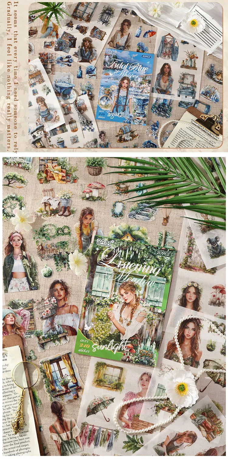 A collection of vintage lifestyle stickers featuring retro scenes and elegant female designs on kraft paper.
