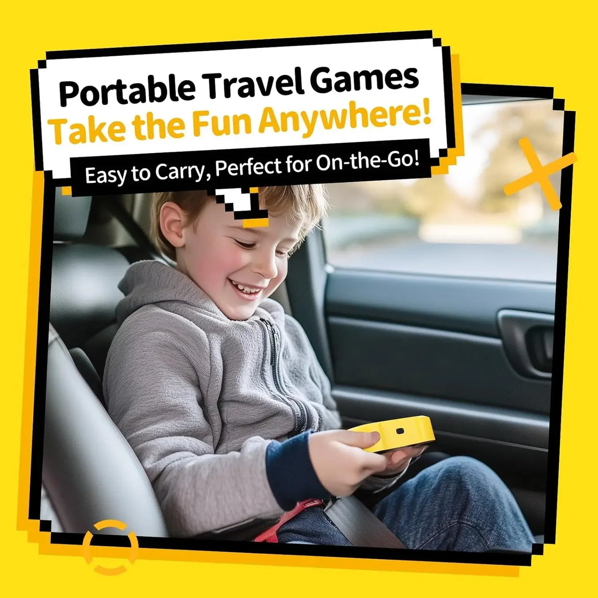 A young boy is playing a portable tic tac toe game in the car.