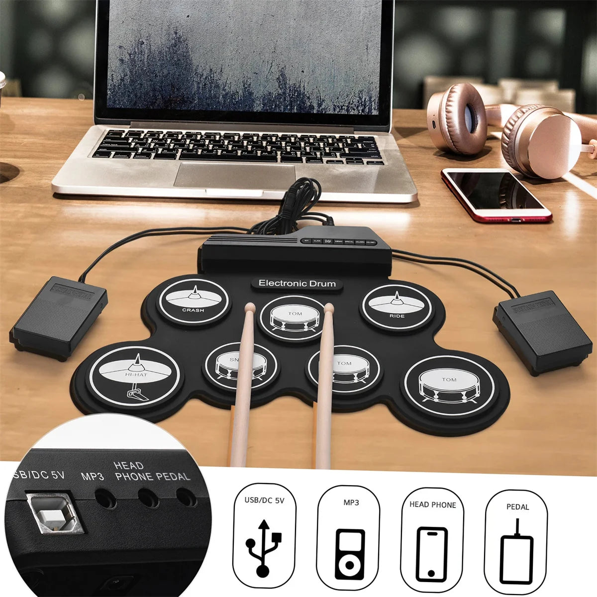 Foldable Silicone Electronic Drum Pad with Drumsticks and Sustain Pedals