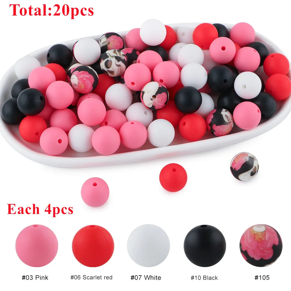 15mm Printed Silicone Beads Value Pack – 20 Pieces for DIY Jewelry & Crafts